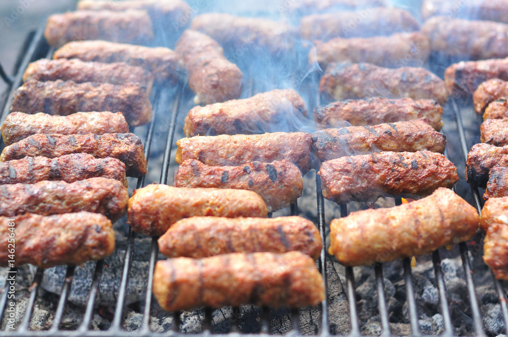 Traditional Romanian food, grilled meat rolls known as mititei or mici