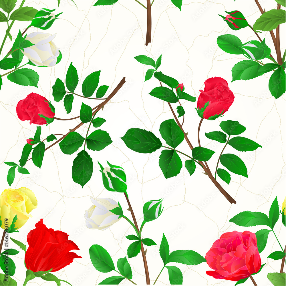 Seamless texture Bouquet of rosebuds red white and yellow roses cracks vintage festive background vector illustration Seamless texture Bouquet of rosebuds red white and yellow roses cracks vintage festive background vector illustration