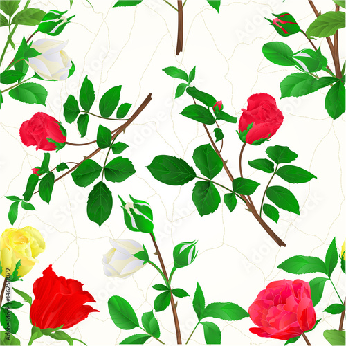 Seamless texture Bouquet of rosebuds red white and yellow roses cracks vintage festive background vector illustration