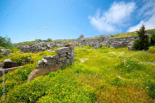 The ruins of ancient Thira, a prehistoric village at the top of the mountain Mesa Vouno, Santorini, Greece.