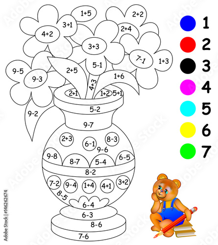 Educational page with exercises for children on addition and subtraction. Need to paint image in relevant color. Developing skills for counting. Vector image.