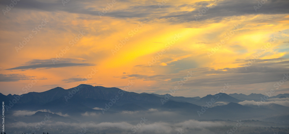 Beautiful Summer Sunrise in Mountains - HighTatra National Park. Panoramic Image