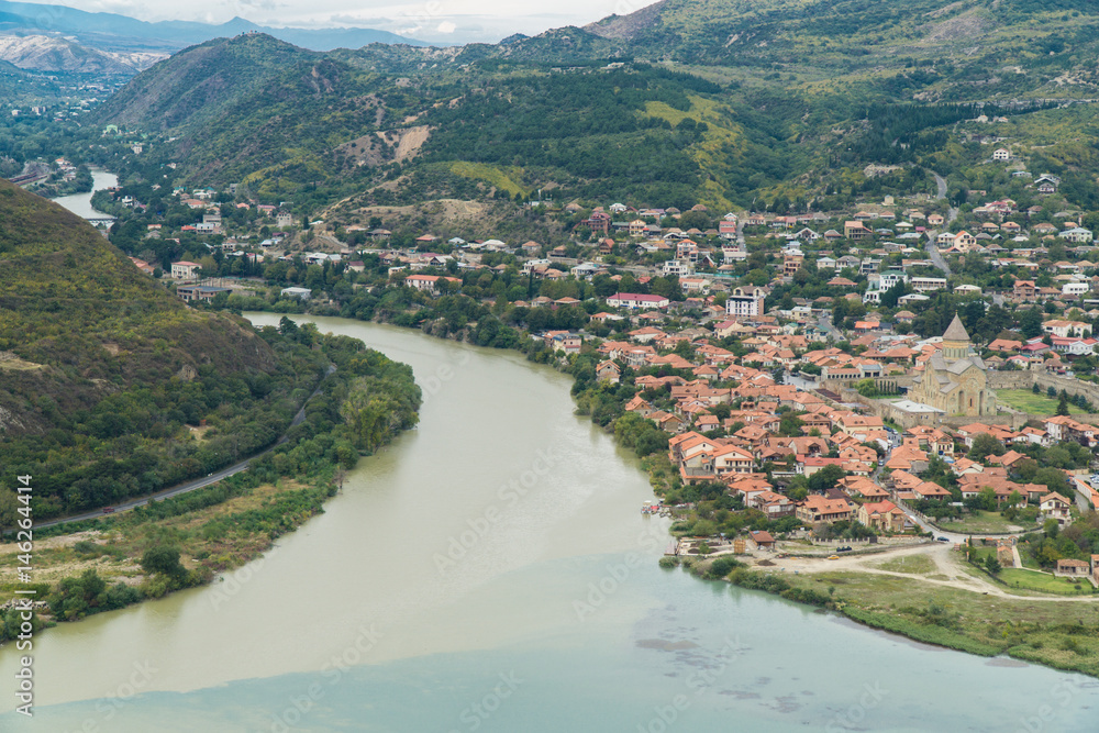 The top view of Mtskheta, ancient city in Georgia at the confluence of the rivers Mtkvari and Aragvi.