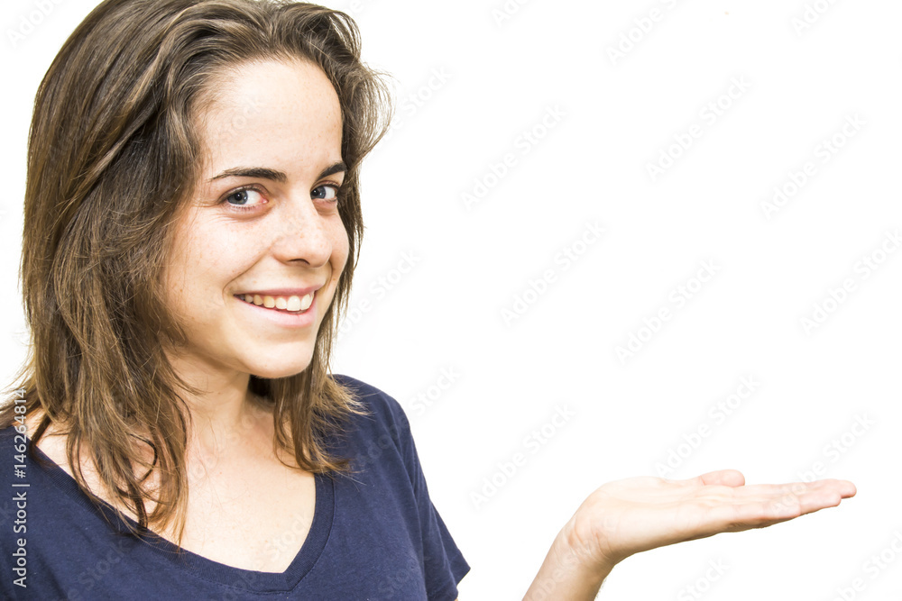Portrait of a beautiful woman with her open hand Portrait of a beautiful woman with her open hand