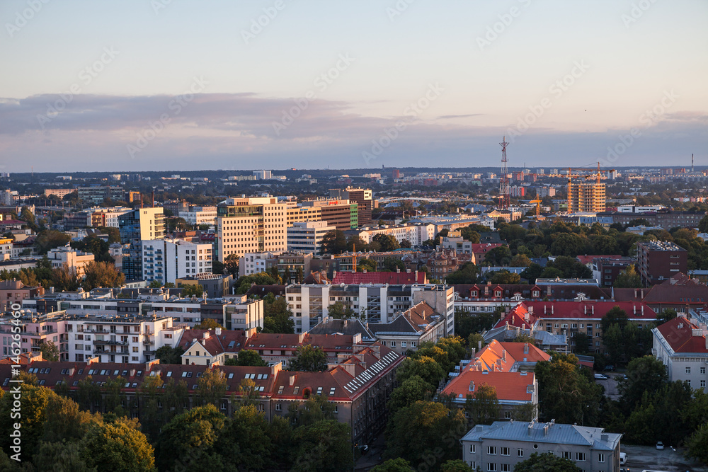 TALLINN, ESTONIA - 22 JUL 2016: Amazing aerial shot of modern business district at sunset