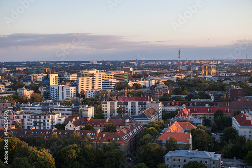 TALLINN, ESTONIA - 22 JUL 2016: Amazing aerial shot of modern business district at sunset