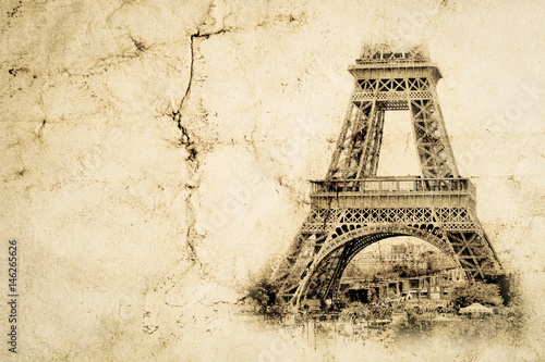 Eiffel Tower in Paris. Vintage view background. Tour Eiffel old retro style photo with cracks crumpled paper.