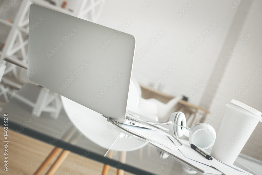 Desktop with coffee and headphones Desktop with coffee and headphones