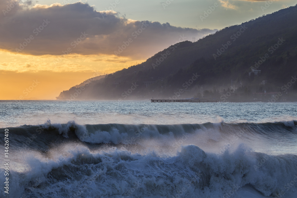 Beautiful stormy seascape at sunset time Beautiful stormy seascape at sunset time