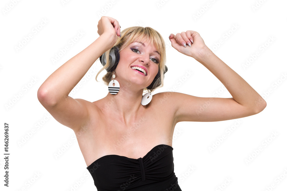 attractive woman dancer with headphones, isolated on white attractive woman dancer with headphones, isolated on white