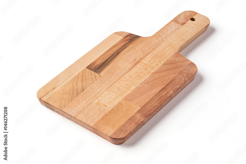 Isolated cutting board with handle on a white background