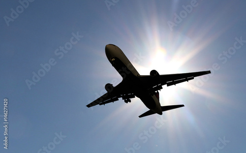 Twin-engine jetliner silhouetted against the sun