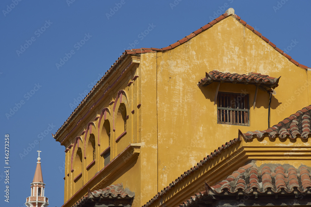 Historic Spanish colonial buildings surrounding Plaza De La Paz in the Cartagena de Indias, Colombia