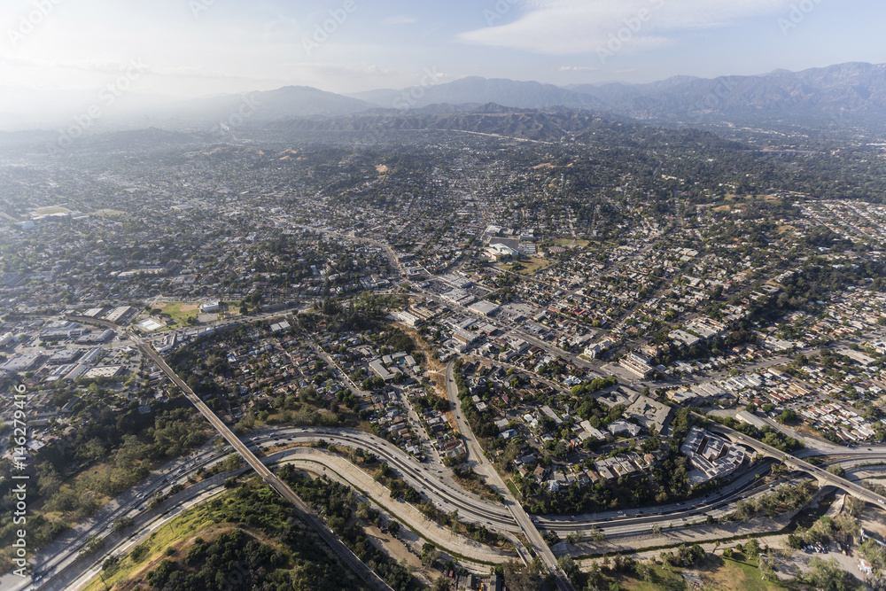 Afternoon aerial view of the Highland Park neighborhood in northeast Los Angeles California.  