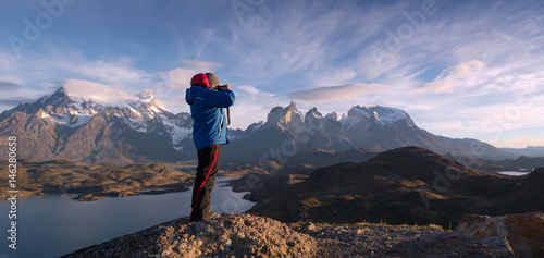 Tablou canvas Photographer in a national park Torres del Paine, Patagonia, Chile