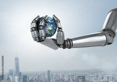 Android Robot hand holding planet earth with city background