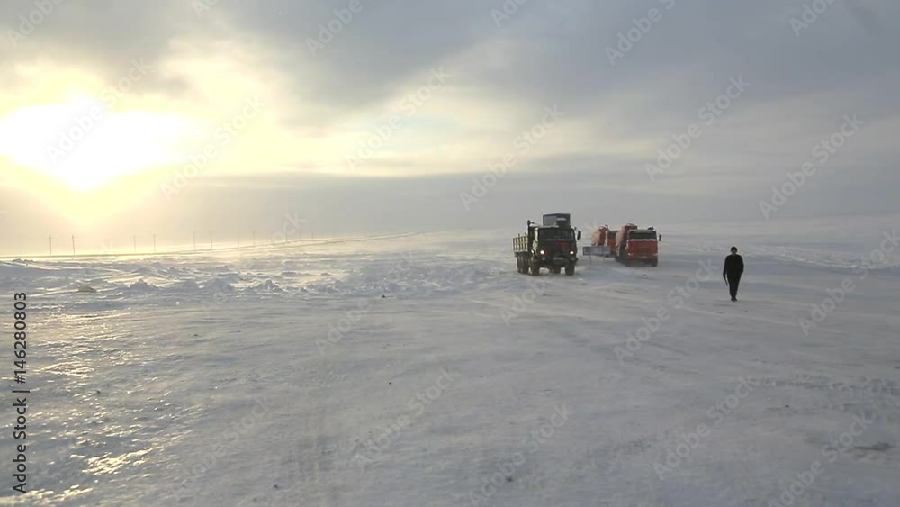 Drivers and birds at winter snow road in Russia, Tundra area, - 4 Drivers and birds at winter snow road in Russia, Tundra area, - 4