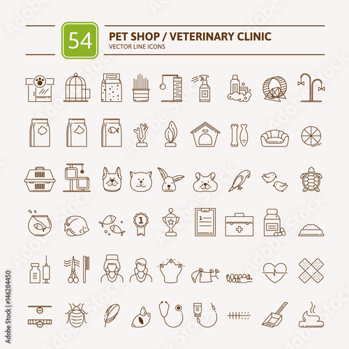 Thin lines web icon set - pet shop, vet clinic, types of pets. Vector illustration in flat style