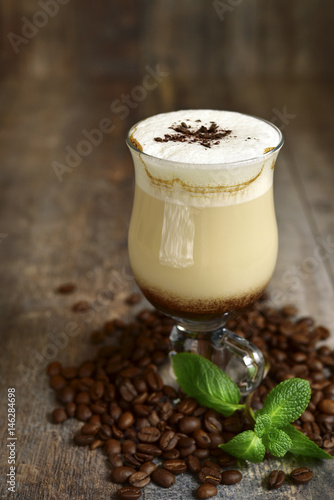 Iced mint  latte in a glass.