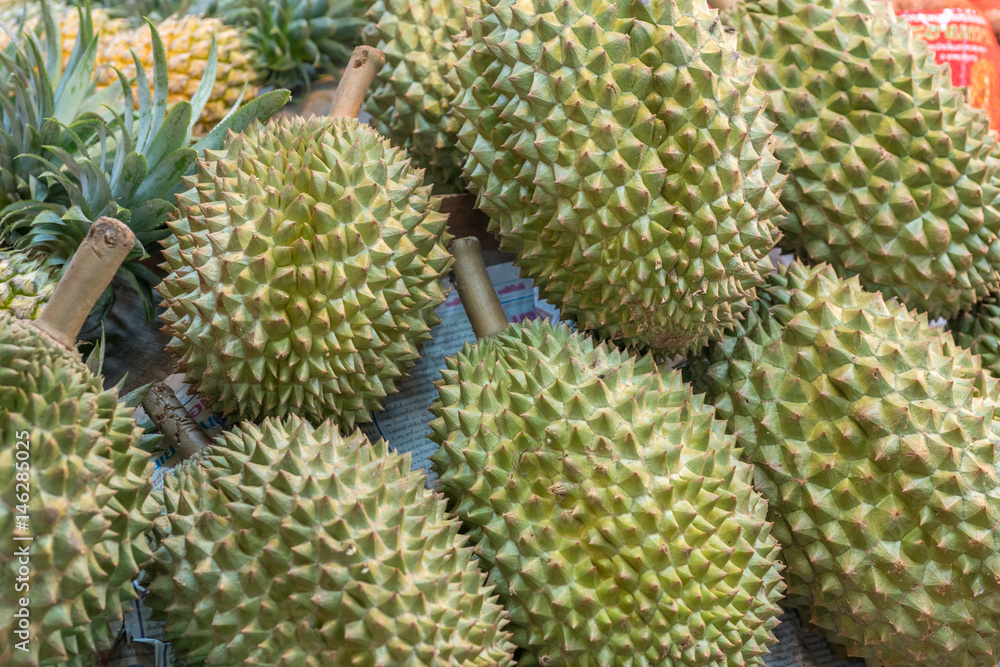 Durian fruit, on the market stall Durian fruit, on the market stall