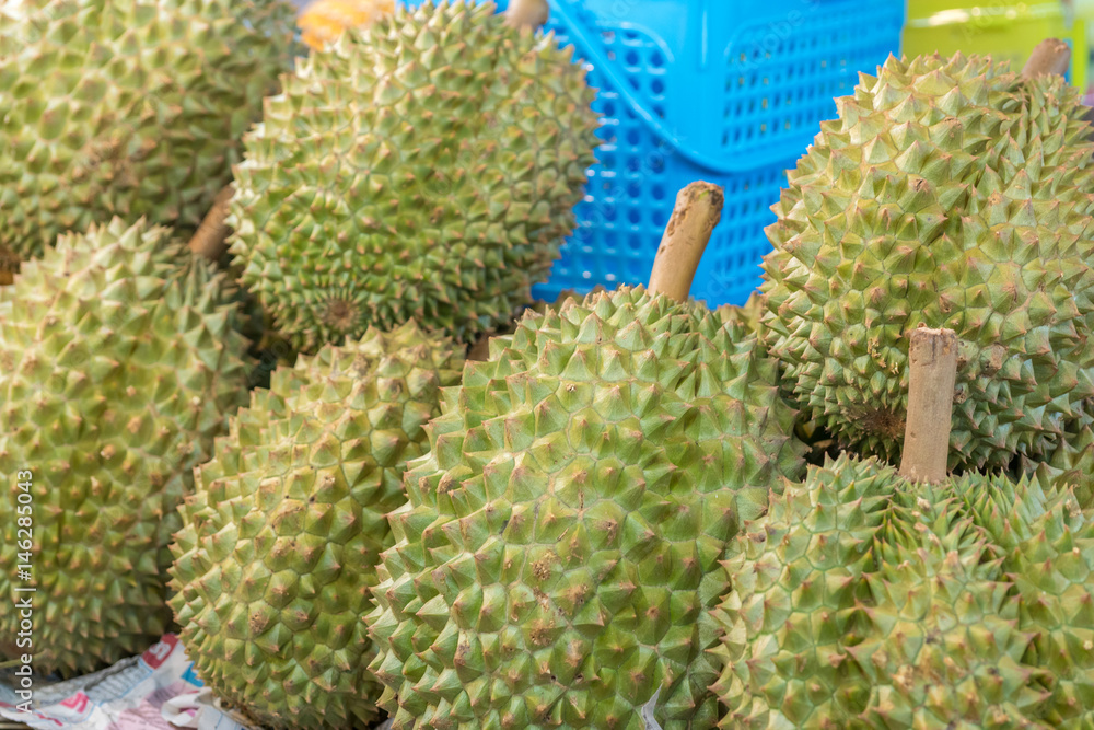 Durian fruit, on the market stall Durian fruit, on the market stall