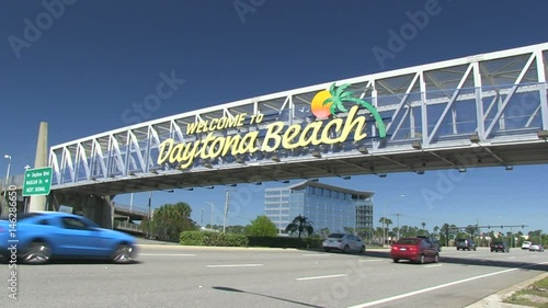 Welcome to Daytona Beach sign located above the roadway, Florida, USA 