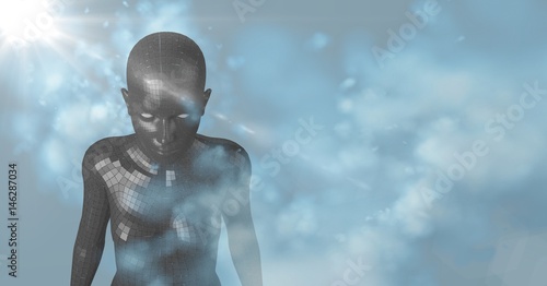 3D black female AI with clouds and blue background with flare © vectorfusionart