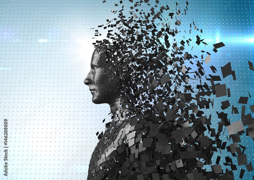 3D black male AI against blue dotted background with flares 3D black male AI against blue dotted background with flares