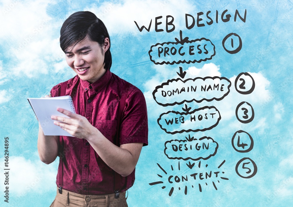 Man with notepad against website mock up and sky Man with notepad against website mock up and sky