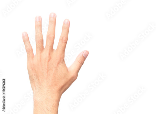Man showing back hand and five finger count on white background