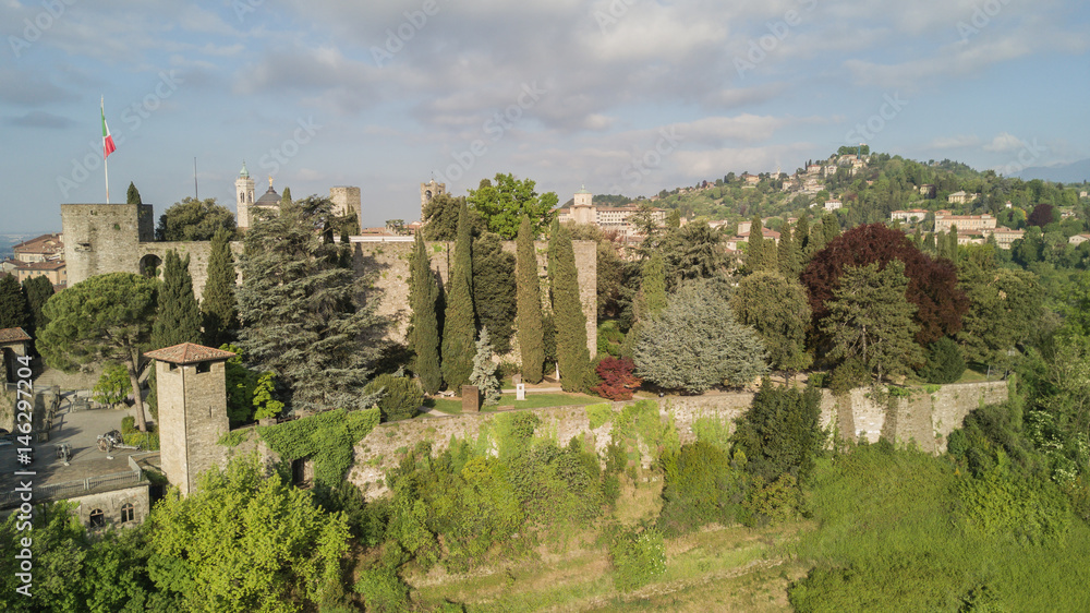 Bergamo, Old city. Drone aerial view of the old fortress