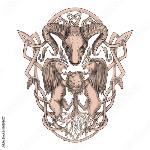 Bighorn Sheep Lion Tree Coat of Arms Celtic Knotwork Tattoo photo