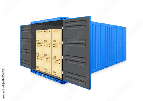 Cargo container vector isolated on white background. Metal box or equipment for storage at dock, port, warehouse. Freight transport by ship, crane, trailer truck for shipping, import export business.