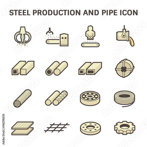 Steel production industry, manufacturing vector icon consist of worker, machine equipment and production line. Include process to casting product of steel, aluminum, iron or stainless i.e. pipe, roll.