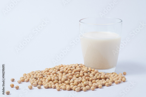 Soy milk and soy beans on white background. healthy and  nutrition life style.