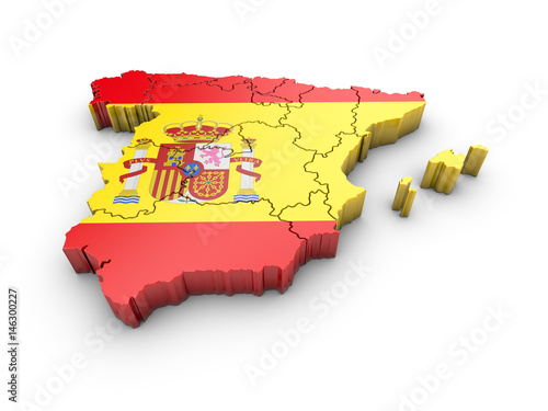 Map of Spain with flag and shadow on white background. 3D rendering.