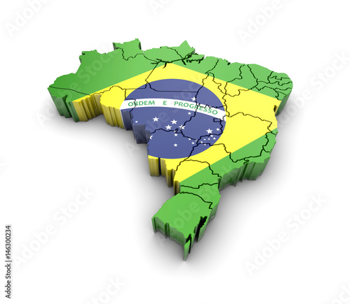 Brazil map with flag and shadow on white background. 3D rendering.