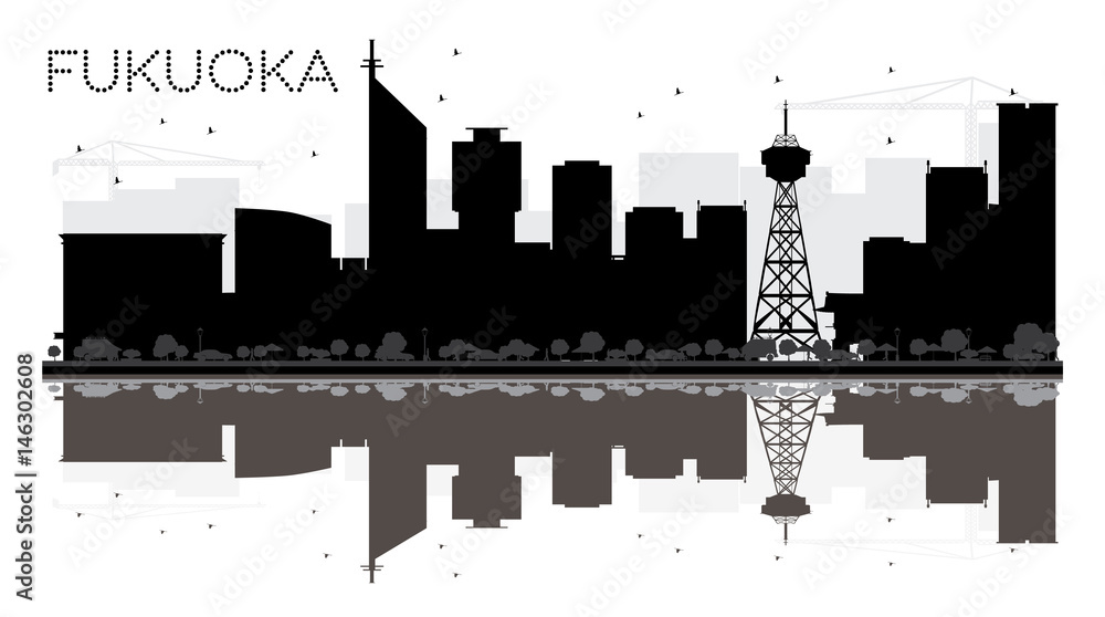 Fukuoka City skyline black and white silhouette with reflections.