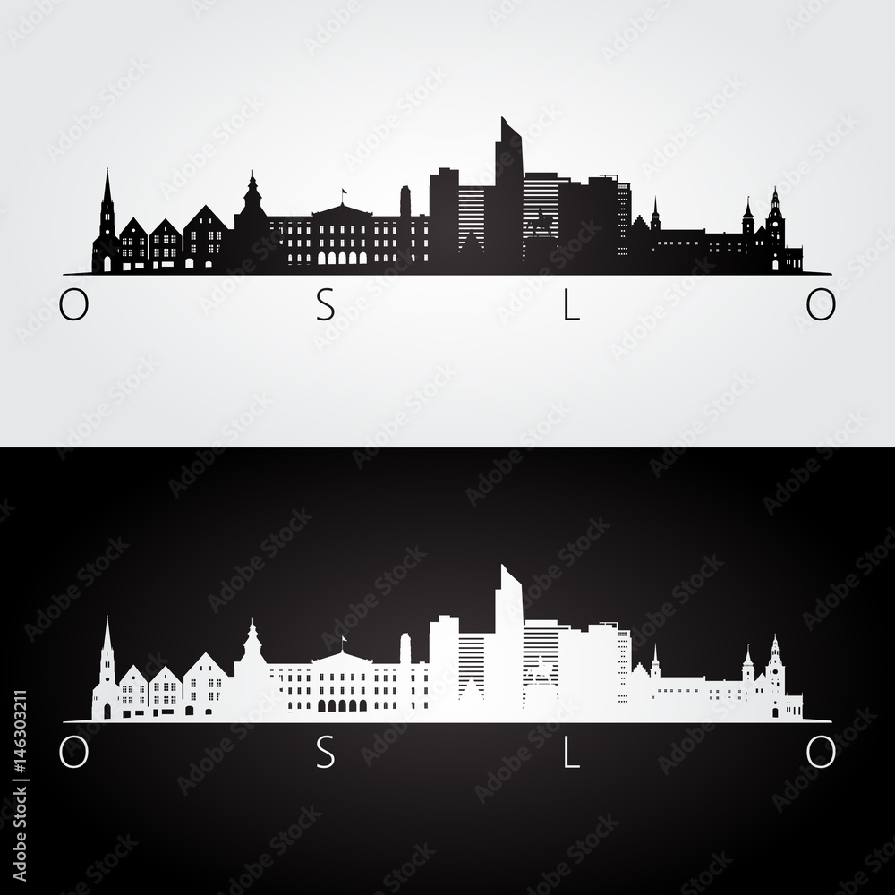 Oslo skyline and landmarks silhouette.