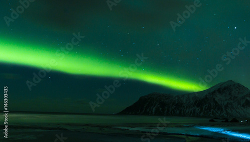 Aurora Borealis Known as Northern Lights Playing with Vivid Colors Over Lofoten Islands in Norway.