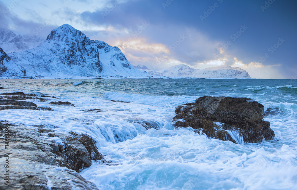Ocean Waves and Roaring Water At Lofoten Islands in Norway