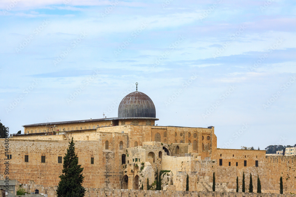 Wall and dome of mousque Al-aqsa view from mount Zion