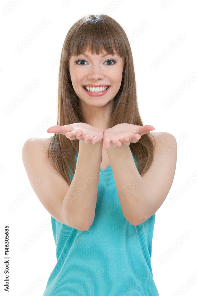 Fototapeta premium Beautiful young girl in a blue t-shirt