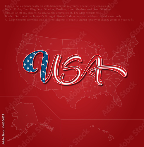 USA Flag Caligraphic Lettering over US Map - Red
