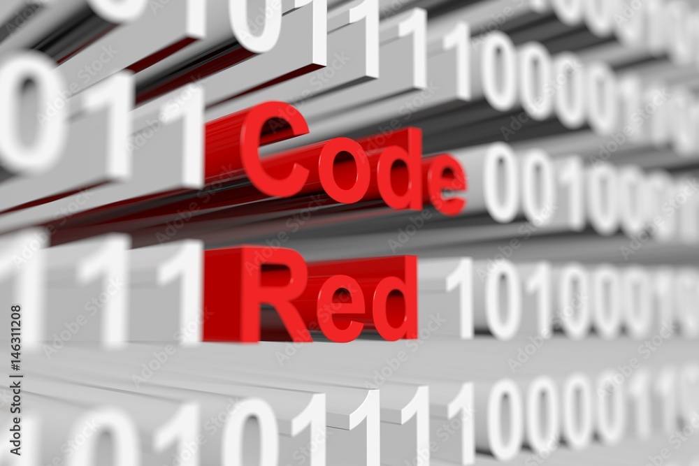 Code Red in the form of a binary code with blurred background 3D illustration