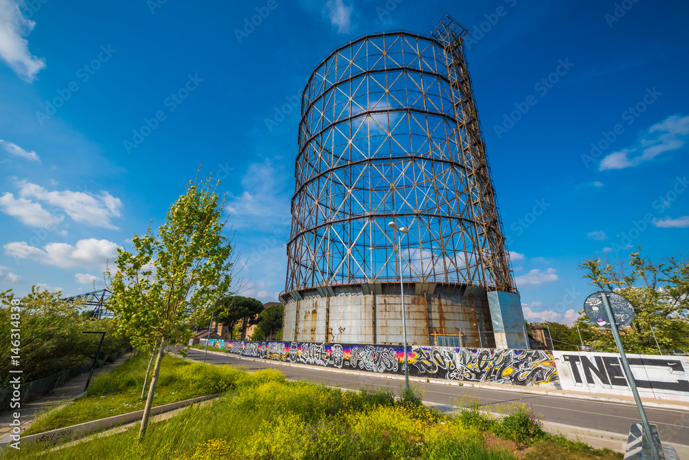 Rome (Italy) - The Gas holder, sometimes called a Gasometer, in the Ostiense district on Tiber river, beside the Porto Fluviale