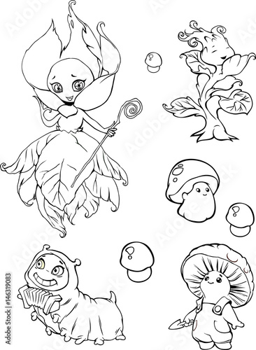 Illustration of funny cartoon garden fantasy characters, fairies, mushrooms, caterpillar