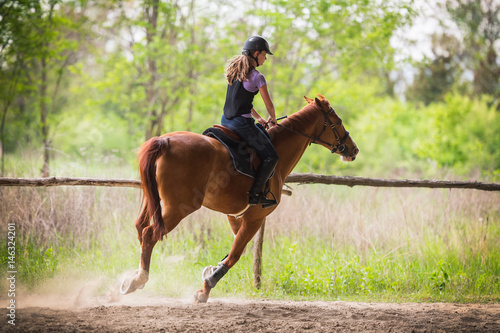 Young pretty girl riding a horse with backlit leaves behind in spring time © Dusan Kostic