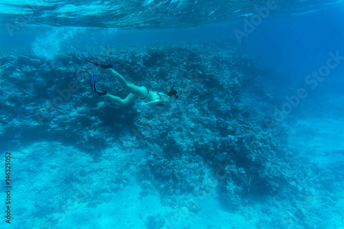 Young woman diving on a breath hold and fining over coral reef in blue transparent sea