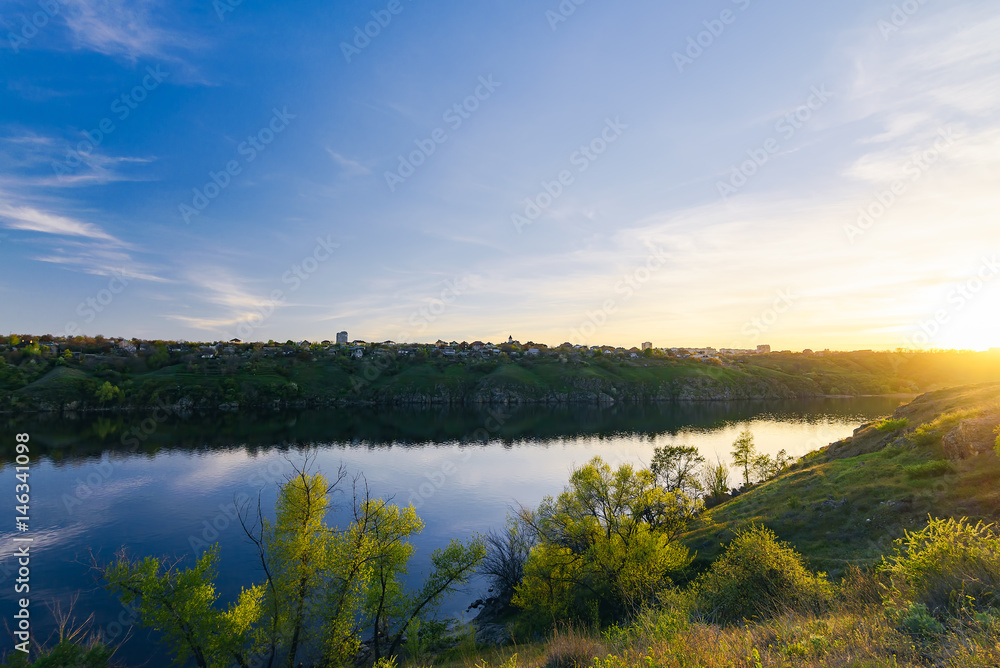 The Dnieper bank. Sunset of Zaporozhye 